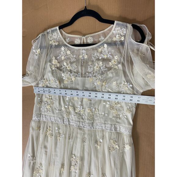ADRIANNA PAPELL DRESS 14  FAIRY WHIMSICAL SEQUIN BEADED FLORAL SHEER FLUTTER - Picture 14 of 16